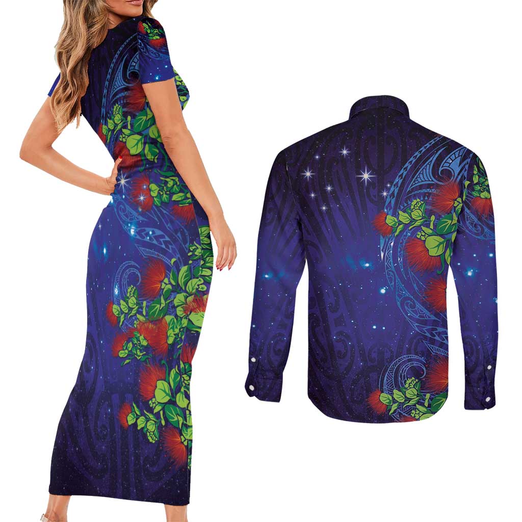 Matariki New Zealand Maori and Pohutukawa Couples Matching Short Sleeve Bodycon Dress and Long Sleeve Button Shirt Galaxy Blue Sky Style LT03 - Polynesian Pride