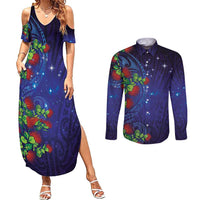 Matariki New Zealand Maori and Pohutukawa Couples Matching Summer Maxi Dress and Long Sleeve Button Shirt Galaxy Blue Sky Style LT03 Blue - Polynesian Pride
