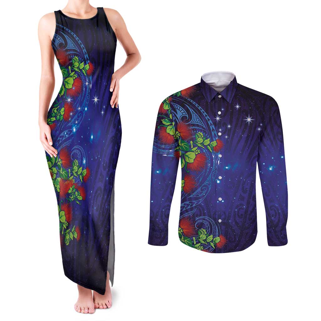 Matariki New Zealand Maori and Pohutukawa Couples Matching Tank Maxi Dress and Long Sleeve Button Shirt Galaxy Blue Sky Style LT03 Blue - Polynesian Pride