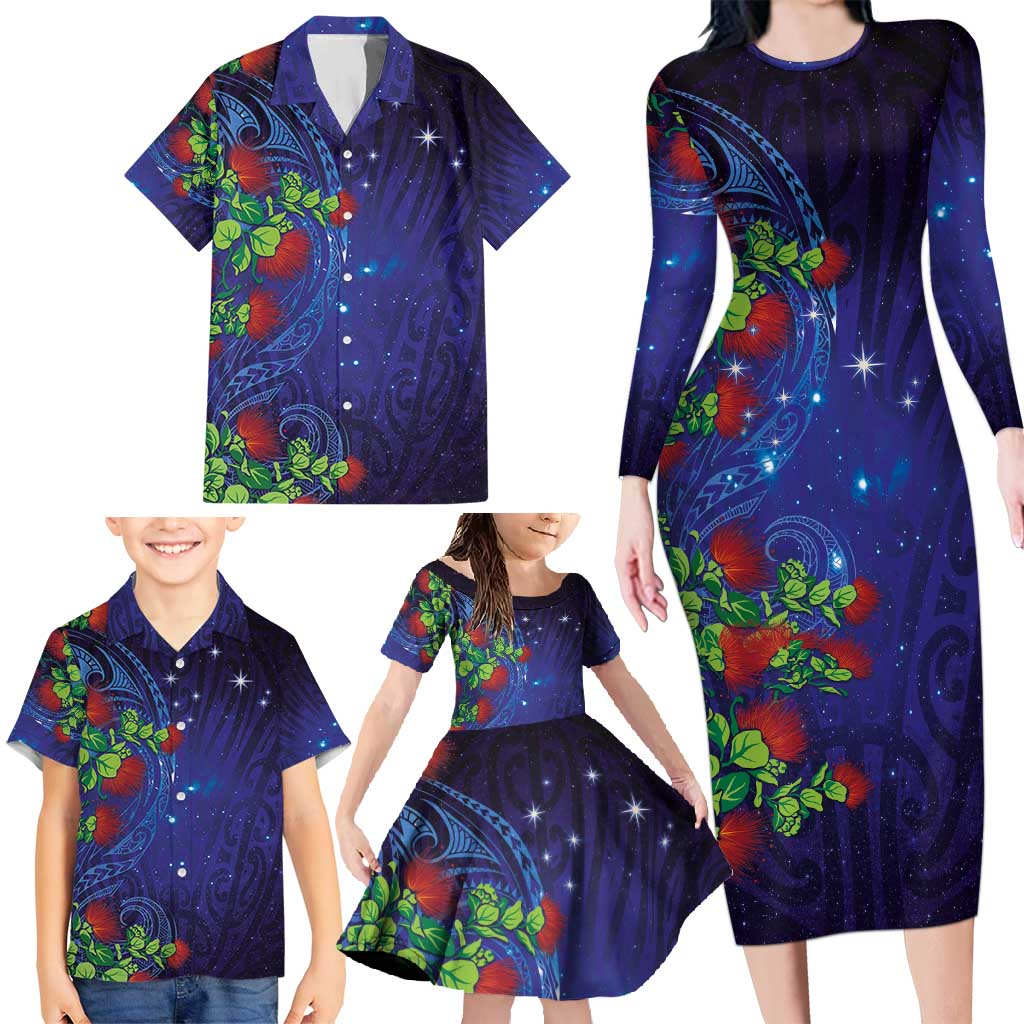 Matariki New Zealand Maori and Pohutukawa Family Matching Long Sleeve Bodycon Dress and Hawaiian Shirt Galaxy Blue Sky Style LT03 - Polynesian Pride
