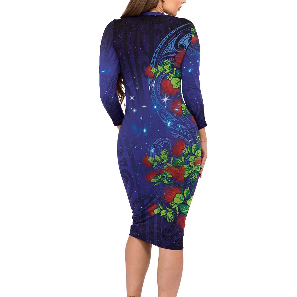 Matariki New Zealand Maori and Pohutukawa Family Matching Long Sleeve Bodycon Dress and Hawaiian Shirt Galaxy Blue Sky Style LT03 - Polynesian Pride