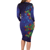 Matariki New Zealand Maori and Pohutukawa Family Matching Long Sleeve Bodycon Dress and Hawaiian Shirt Galaxy Blue Sky Style LT03 - Polynesian Pride