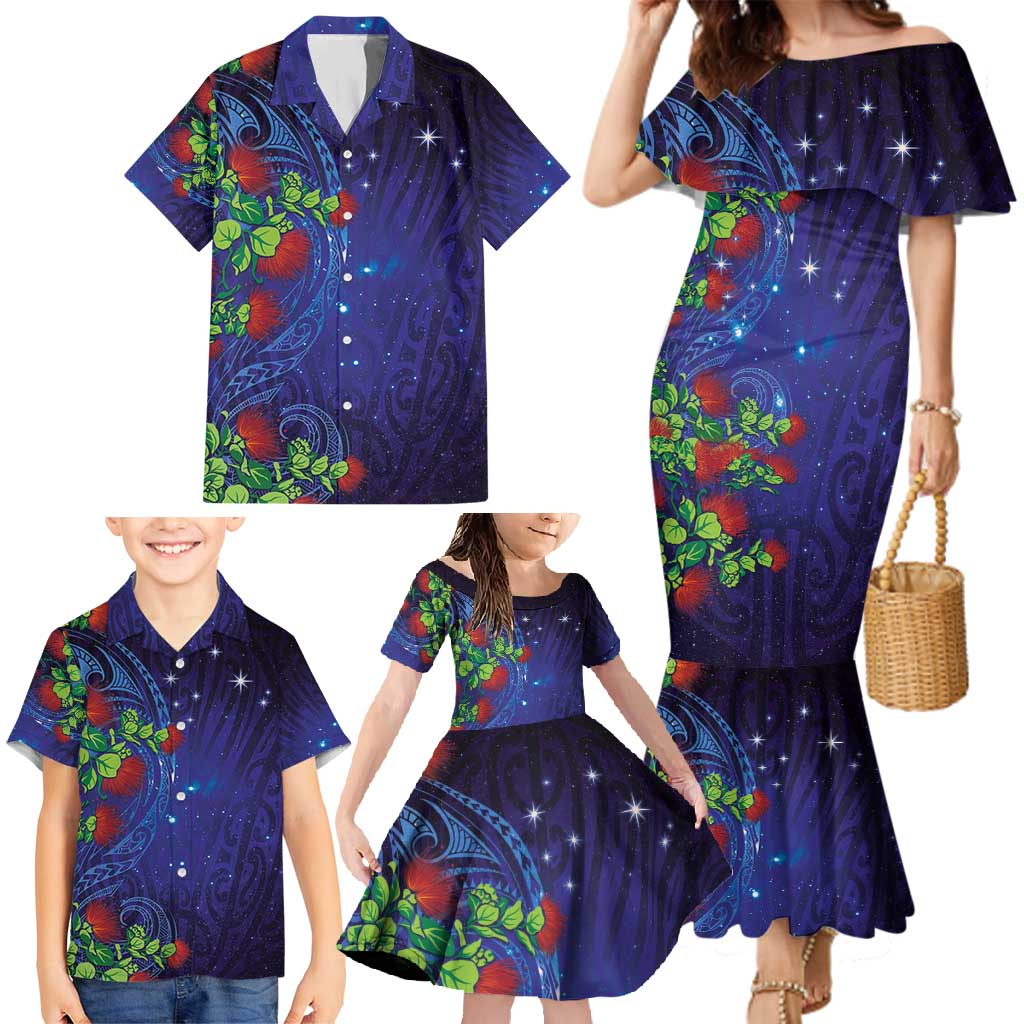Matariki New Zealand Maori and Pohutukawa Family Matching Mermaid Dress and Hawaiian Shirt Galaxy Blue Sky Style LT03 - Polynesian Pride