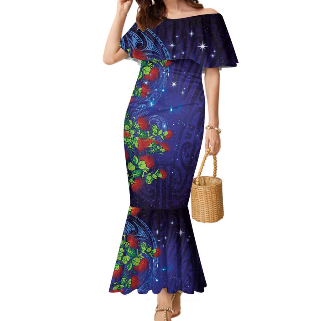 Matariki New Zealand Maori and Pohutukawa Family Matching Mermaid Dress and Hawaiian Shirt Galaxy Blue Sky Style LT03 Mom's Dress Blue - Polynesian Pride