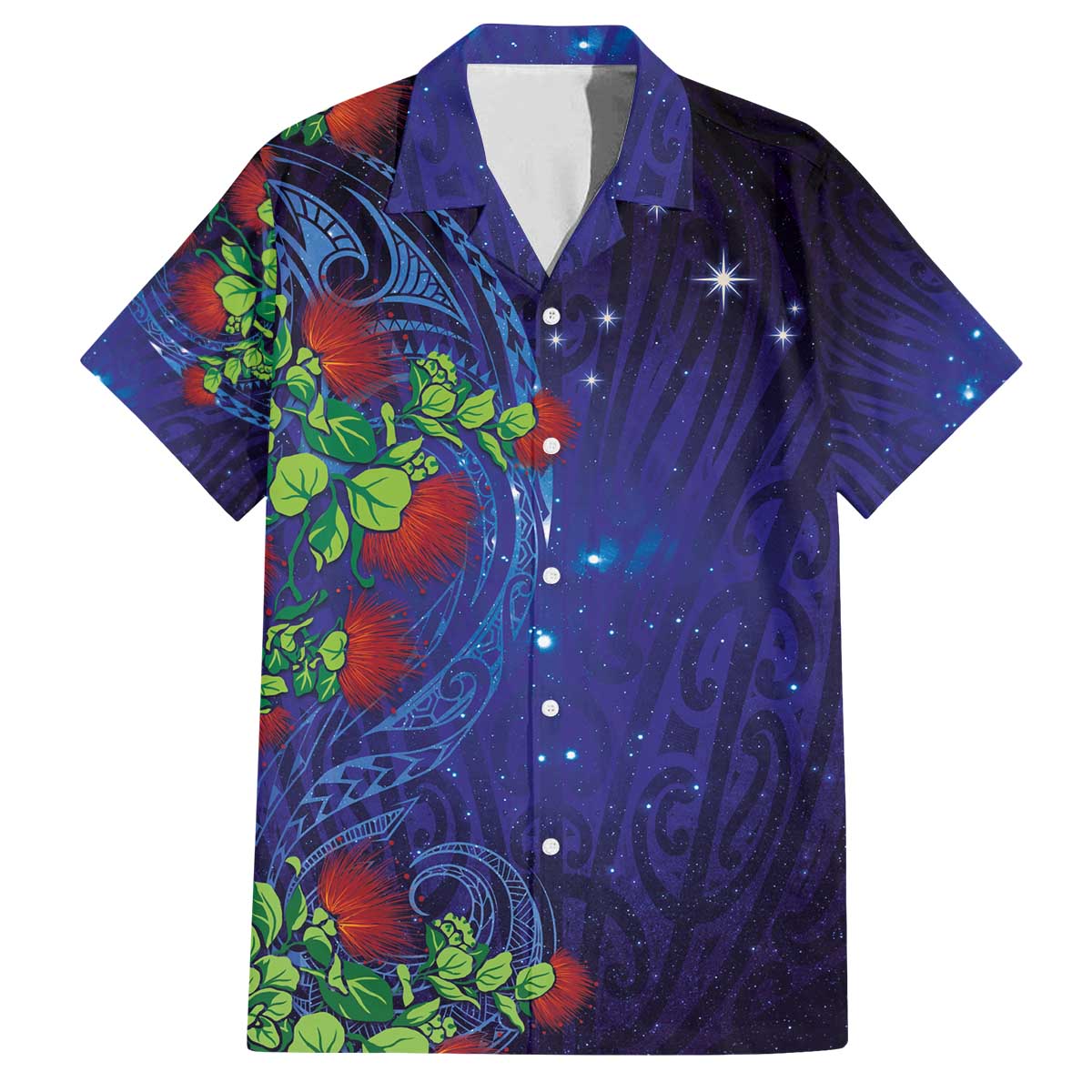 Matariki New Zealand Maori and Pohutukawa Family Matching Off The Shoulder Long Sleeve Dress and Hawaiian Shirt Galaxy Blue Sky Style LT03 Dad's Shirt - Short Sleeve Blue - Polynesian Pride