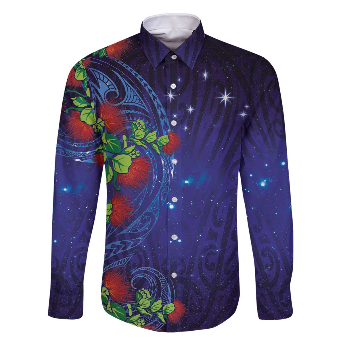 Matariki New Zealand Maori and Pohutukawa Family Matching Off The Shoulder Long Sleeve Dress and Hawaiian Shirt Galaxy Blue Sky Style LT03 Dad's Shirt - Long Sleeve Blue - Polynesian Pride