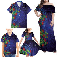 Matariki New Zealand Maori and Pohutukawa Family Matching Off Shoulder Maxi Dress and Hawaiian Shirt Galaxy Blue Sky Style LT03 - Polynesian Pride