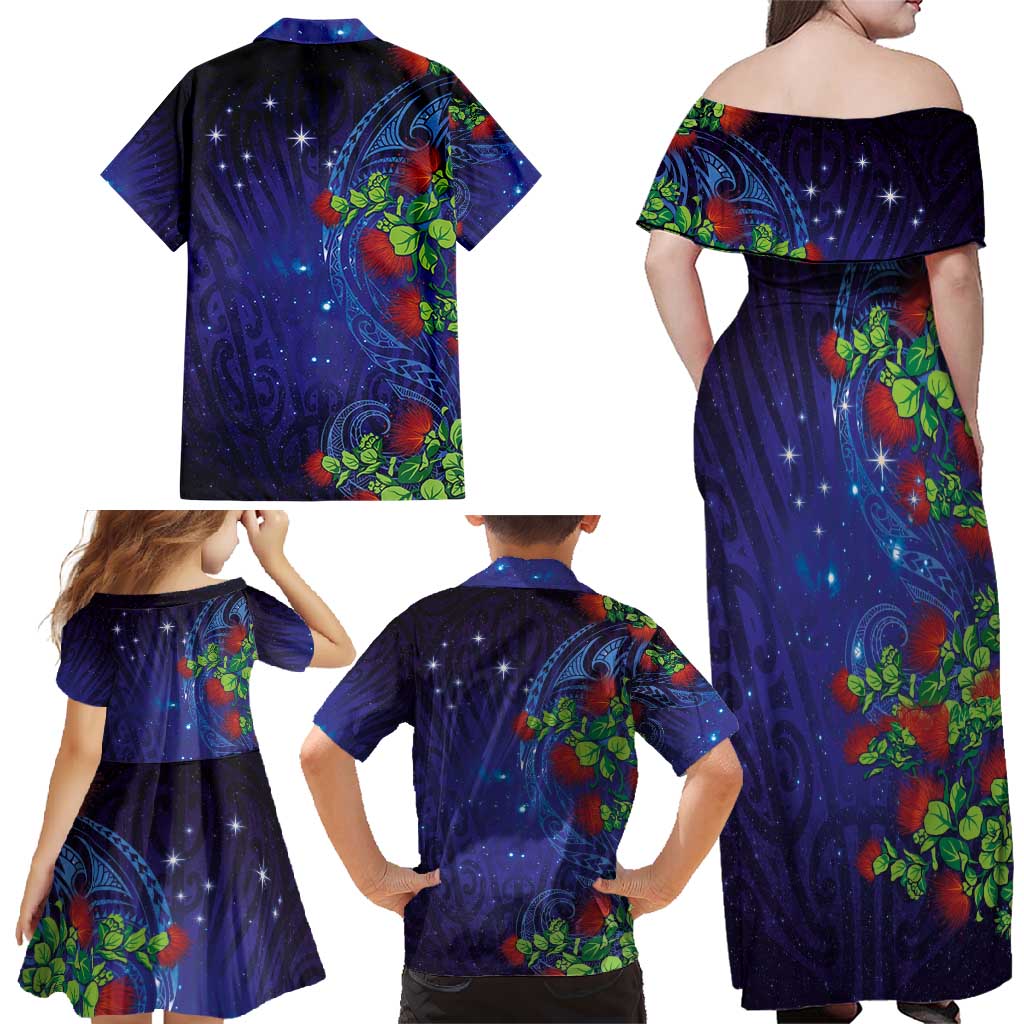 Matariki New Zealand Maori and Pohutukawa Family Matching Off Shoulder Maxi Dress and Hawaiian Shirt Galaxy Blue Sky Style LT03 - Polynesian Pride