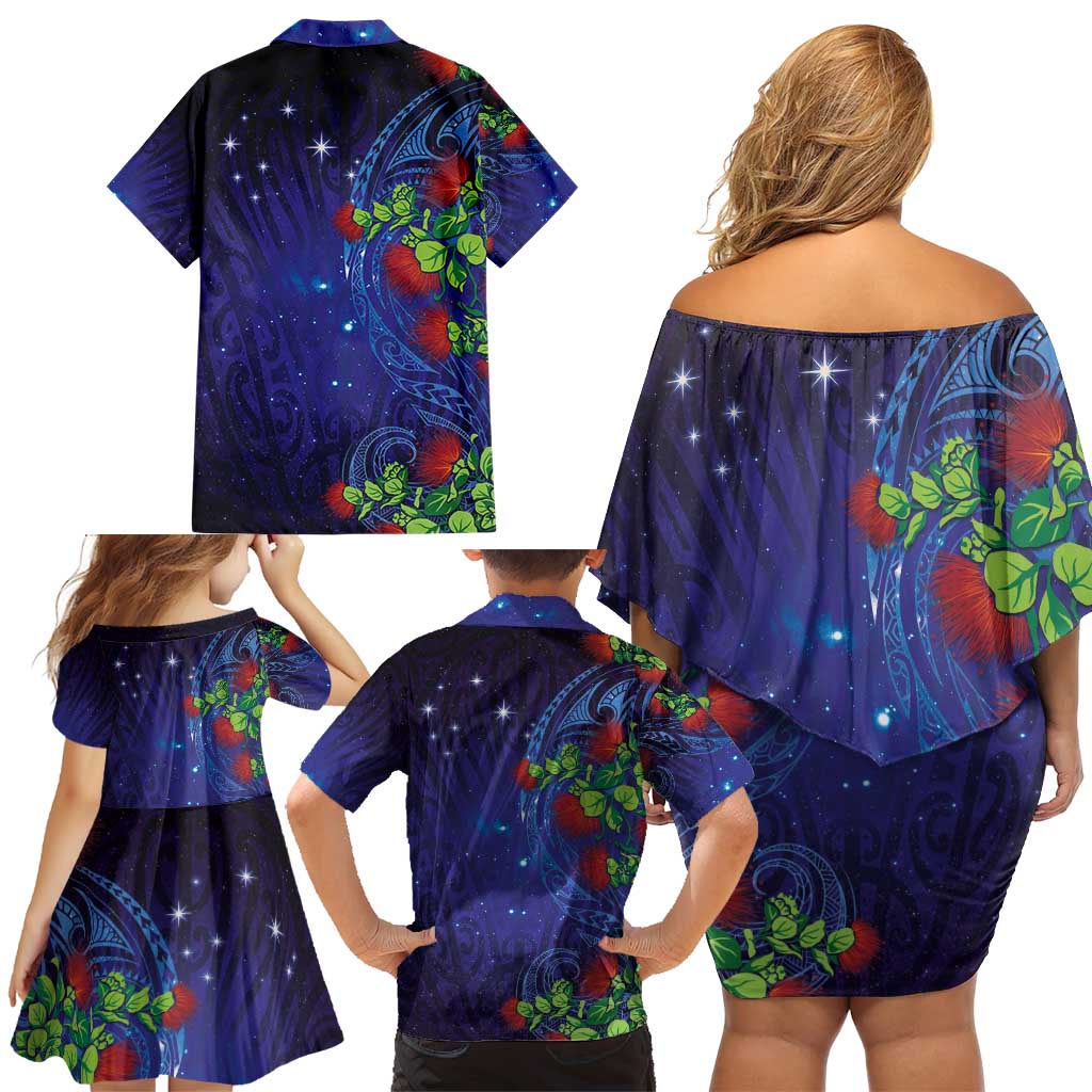 Matariki New Zealand Maori and Pohutukawa Family Matching Off Shoulder Short Dress and Hawaiian Shirt Galaxy Blue Sky Style LT03 - Polynesian Pride