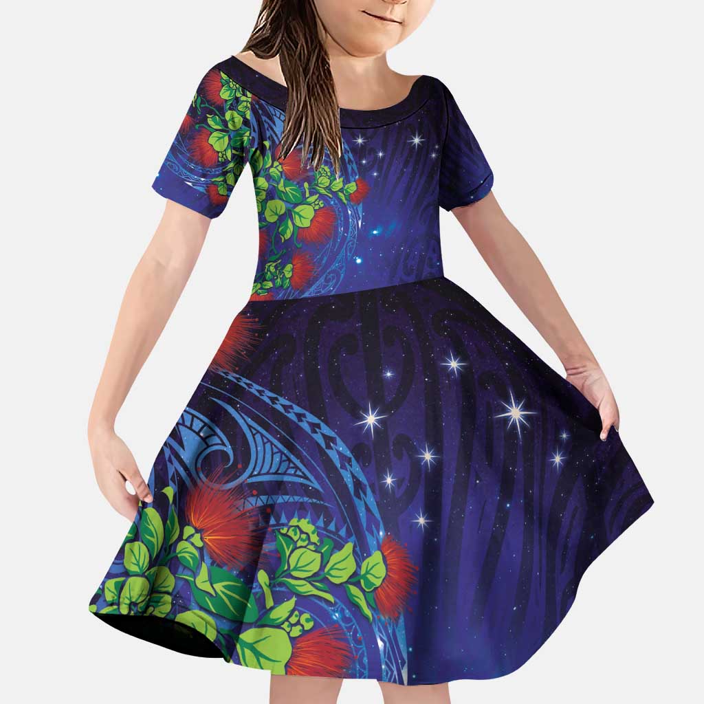 Matariki New Zealand Maori and Pohutukawa Family Matching Puletasi and Hawaiian Shirt Galaxy Blue Sky Style LT03 Daughter's Dress Blue - Polynesian Pride