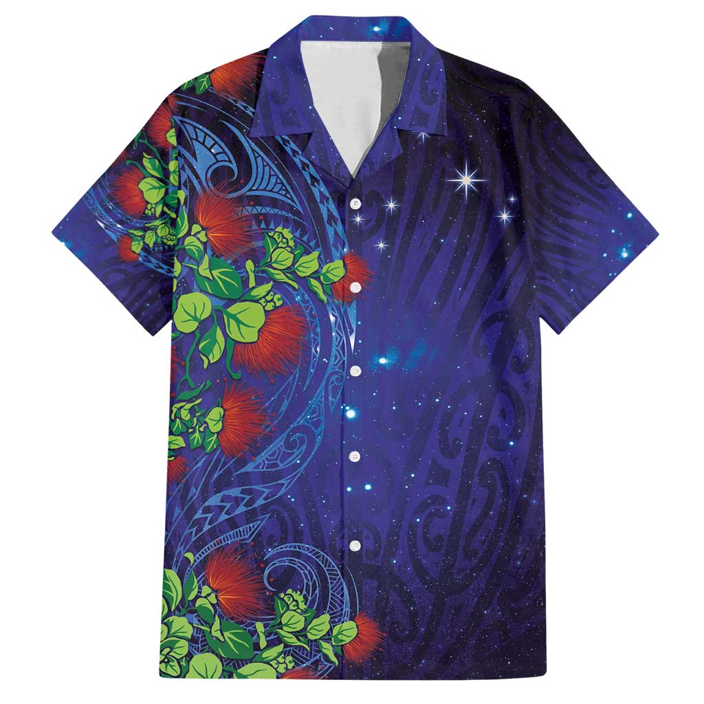 Matariki New Zealand Maori and Pohutukawa Family Matching Puletasi and Hawaiian Shirt Galaxy Blue Sky Style LT03 Dad's Shirt - Short Sleeve Blue - Polynesian Pride