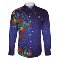Matariki New Zealand Maori and Pohutukawa Family Matching Puletasi and Hawaiian Shirt Galaxy Blue Sky Style LT03 Dad's Shirt - Long Sleeve Blue - Polynesian Pride