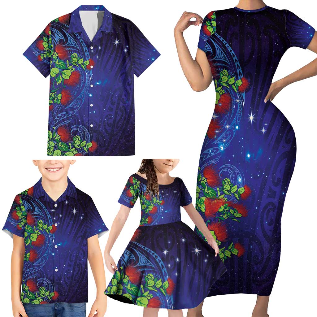 Matariki New Zealand Maori and Pohutukawa Family Matching Short Sleeve Bodycon Dress and Hawaiian Shirt Galaxy Blue Sky Style LT03 - Polynesian Pride