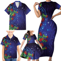 Matariki New Zealand Maori and Pohutukawa Family Matching Short Sleeve Bodycon Dress and Hawaiian Shirt Galaxy Blue Sky Style LT03 - Polynesian Pride