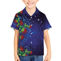 Matariki New Zealand Maori and Pohutukawa Family Matching Short Sleeve Bodycon Dress and Hawaiian Shirt Galaxy Blue Sky Style LT03 Son's Shirt Blue - Polynesian Pride