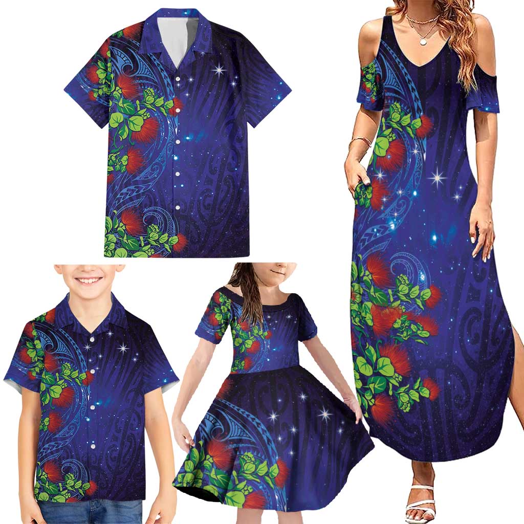 Matariki New Zealand Maori and Pohutukawa Family Matching Summer Maxi Dress and Hawaiian Shirt Galaxy Blue Sky Style LT03 - Polynesian Pride