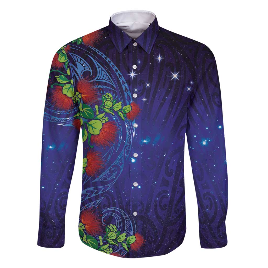 Matariki New Zealand Maori and Pohutukawa Family Matching Summer Maxi Dress and Hawaiian Shirt Galaxy Blue Sky Style LT03 Dad's Shirt - Long Sleeve Blue - Polynesian Pride