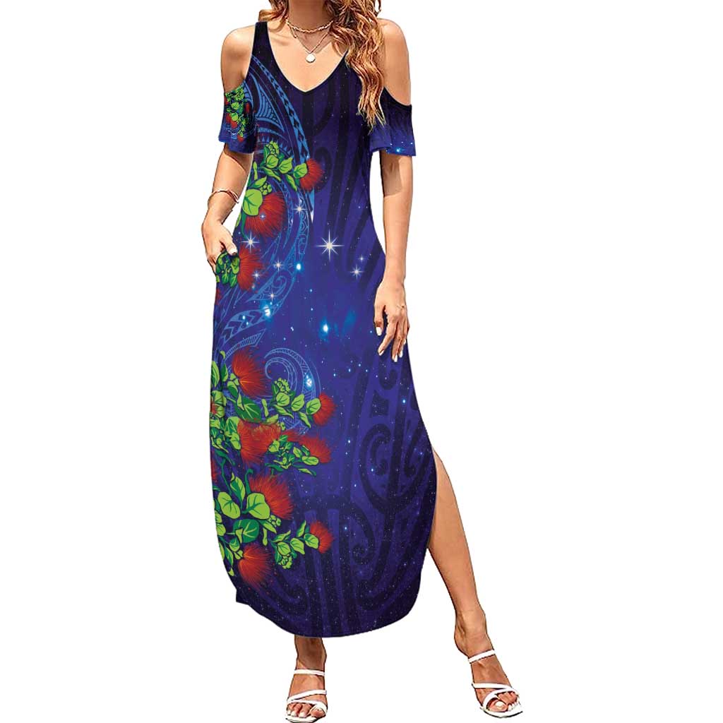 Matariki New Zealand Maori and Pohutukawa Family Matching Summer Maxi Dress and Hawaiian Shirt Galaxy Blue Sky Style LT03 Mom's Dress Blue - Polynesian Pride
