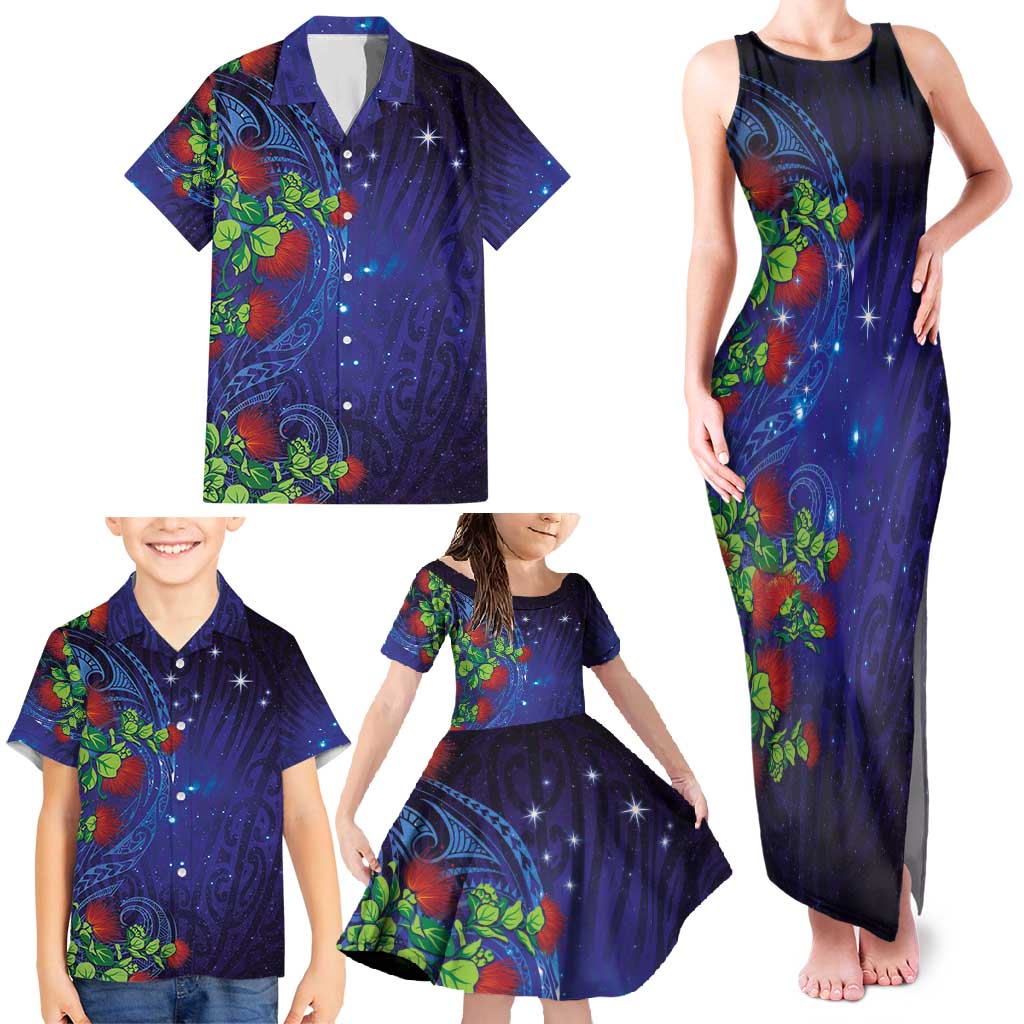 Matariki New Zealand Maori and Pohutukawa Family Matching Tank Maxi Dress and Hawaiian Shirt Galaxy Blue Sky Style LT03 - Polynesian Pride