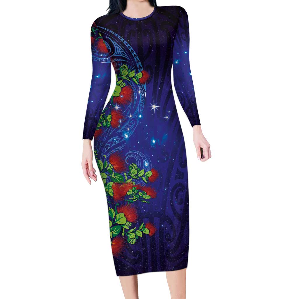 Matariki New Zealand Maori and Pohutukawa Long Sleeve Bodycon Dress Galaxy Blue Sky Style