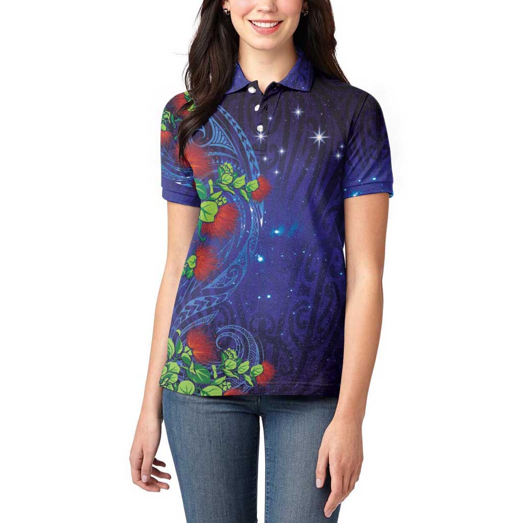 Matariki New Zealand Maori and Pohutukawa Women Polo Shirt Galaxy Blue Sky Style LT03 - Polynesian Pride