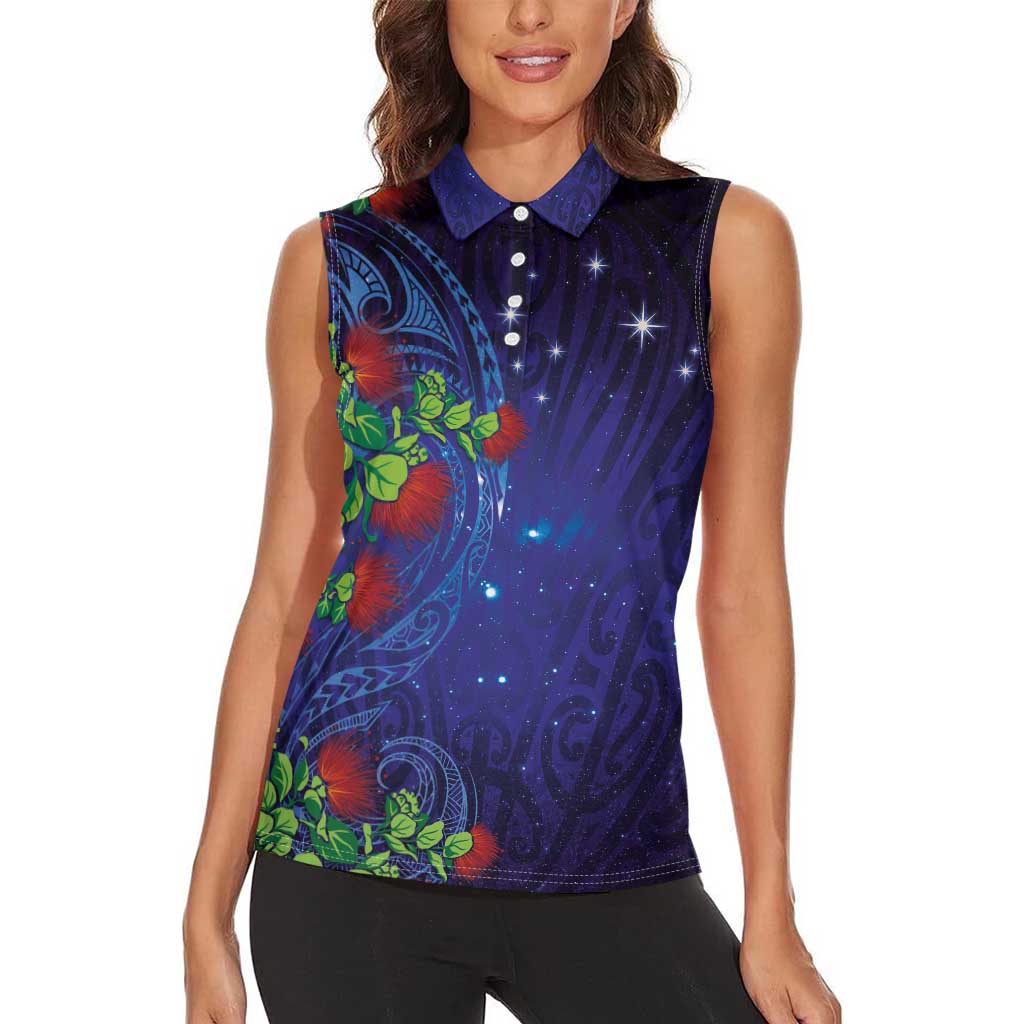 Matariki New Zealand Maori and Pohutukawa Women Sleeveless Polo Shirt Galaxy Blue Sky Style LT03 - Polynesian Pride