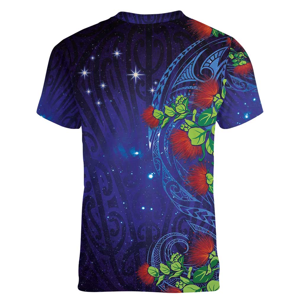 Matariki New Zealand Maori and Pohutukawa Women V-Neck T-Shirt Galaxy Blue Sky Style LT03 - Polynesian Pride