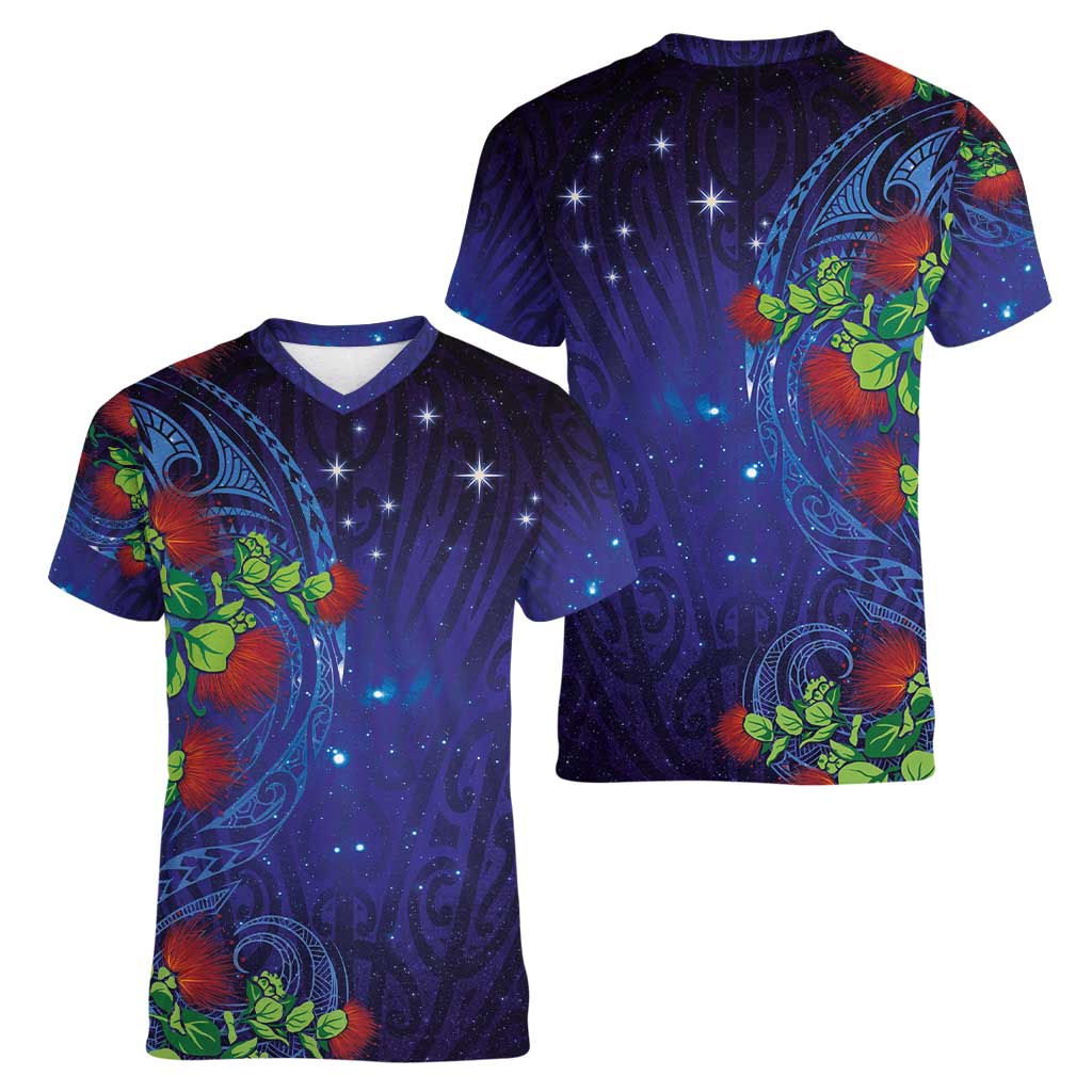 Matariki New Zealand Maori and Pohutukawa Women V-Neck T-Shirt Galaxy Blue Sky Style LT03 - Polynesian Pride