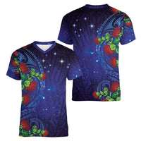 Matariki New Zealand Maori and Pohutukawa Women V-Neck T-Shirt Galaxy Blue Sky Style LT03 - Polynesian Pride