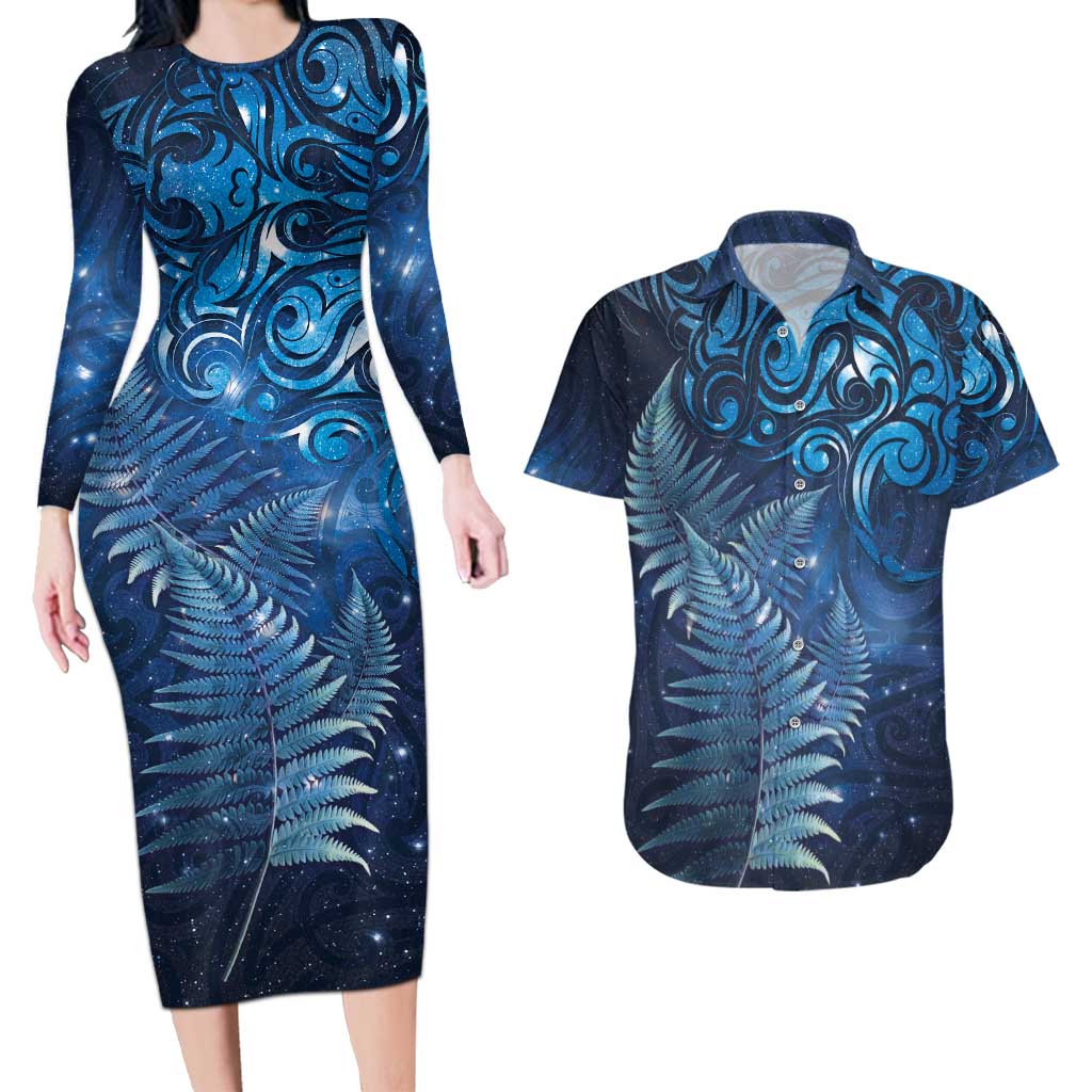 Matariki New Zealand Maori Silver Fern Couples Matching Long Sleeve Bodycon Dress and Hawaiian Shirt Galaxy Blue Sky Style LT03 Blue - Polynesian Pride