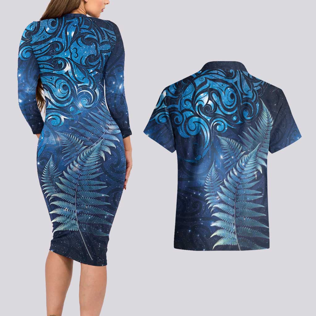 Matariki New Zealand Maori Silver Fern Couples Matching Long Sleeve Bodycon Dress and Hawaiian Shirt Galaxy Blue Sky Style LT03 - Polynesian Pride