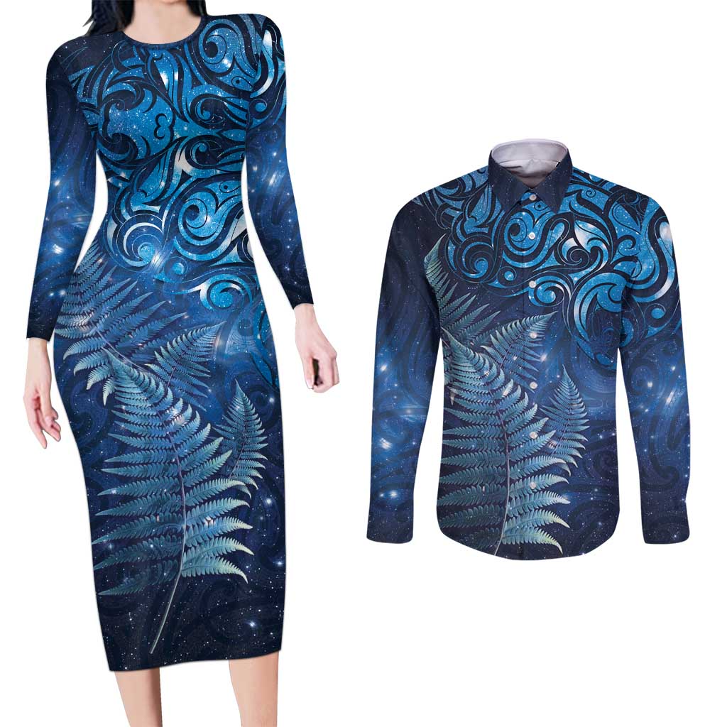 Matariki New Zealand Maori Silver Fern Couples Matching Long Sleeve Bodycon Dress and Long Sleeve Button Shirt Galaxy Blue Sky Style LT03 Blue - Polynesian Pride