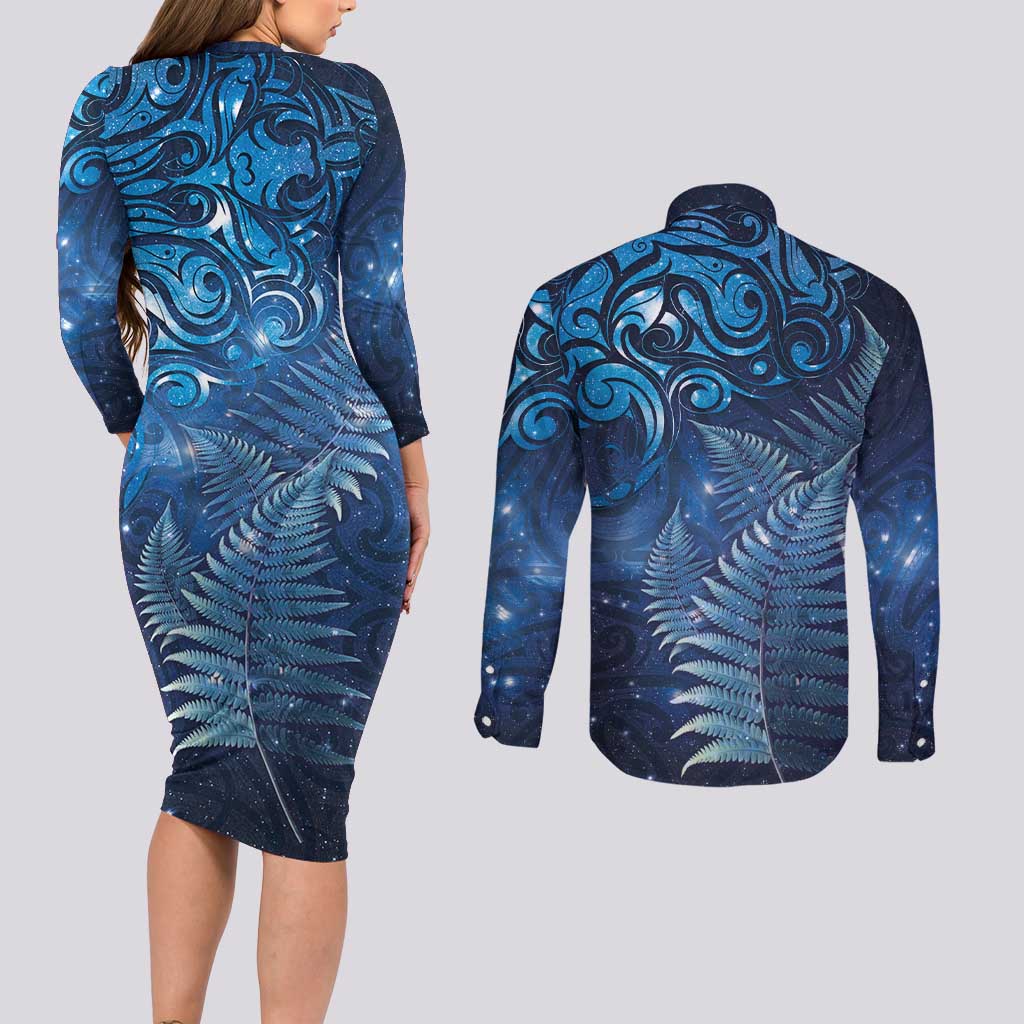 Matariki New Zealand Maori Silver Fern Couples Matching Long Sleeve Bodycon Dress and Long Sleeve Button Shirt Galaxy Blue Sky Style LT03 - Polynesian Pride