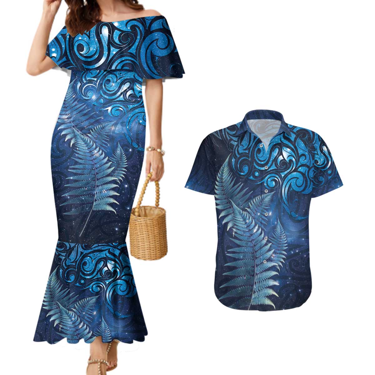 Matariki New Zealand Maori Silver Fern Couples Matching Mermaid Dress and Hawaiian Shirt Galaxy Blue Sky Style LT03 Blue - Polynesian Pride