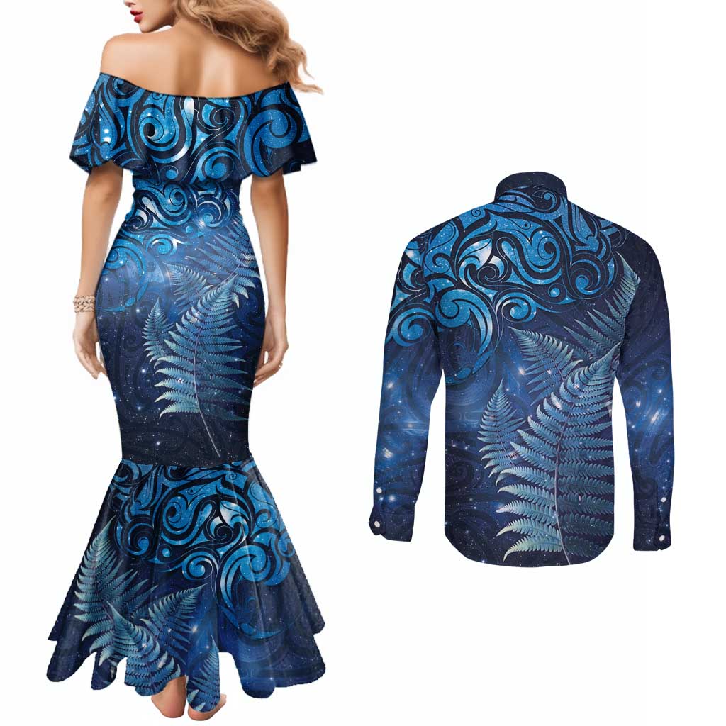 Matariki New Zealand Maori Silver Fern Couples Matching Mermaid Dress and Long Sleeve Button Shirt Galaxy Blue Sky Style LT03 - Polynesian Pride