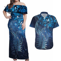 Matariki New Zealand Maori Silver Fern Couples Matching Off Shoulder Maxi Dress and Hawaiian Shirt Galaxy Blue Sky Style LT03 Blue - Polynesian Pride