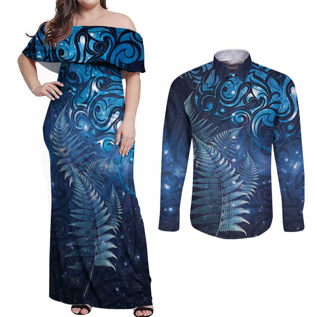Matariki New Zealand Maori Silver Fern Couples Matching Off Shoulder Maxi Dress and Long Sleeve Button Shirt Galaxy Blue Sky Style LT03 Blue - Polynesian Pride