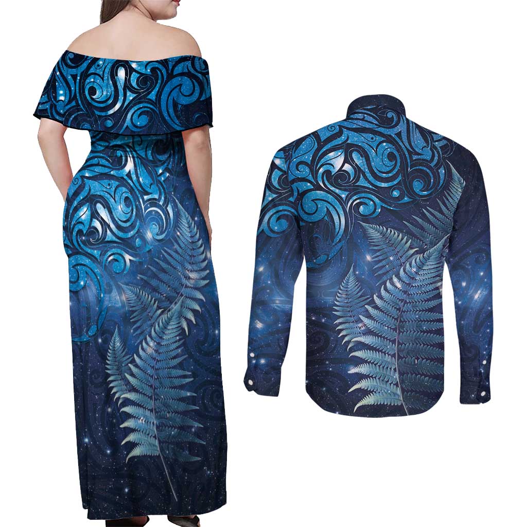 Matariki New Zealand Maori Silver Fern Couples Matching Off Shoulder Maxi Dress and Long Sleeve Button Shirt Galaxy Blue Sky Style LT03 - Polynesian Pride