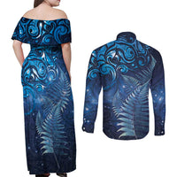 Matariki New Zealand Maori Silver Fern Couples Matching Off Shoulder Maxi Dress and Long Sleeve Button Shirt Galaxy Blue Sky Style LT03 - Polynesian Pride