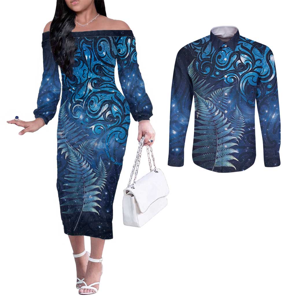 Matariki New Zealand Maori Silver Fern Couples Matching Off The Shoulder Long Sleeve Dress and Long Sleeve Button Shirt Galaxy Blue Sky Style LT03 Blue - Polynesian Pride