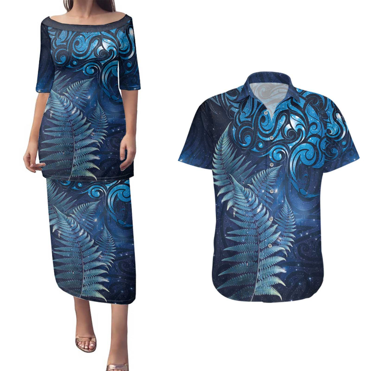 Matariki New Zealand Maori Silver Fern Couples Matching Puletasi and Hawaiian Shirt Galaxy Blue Sky Style LT03 Blue - Polynesian Pride