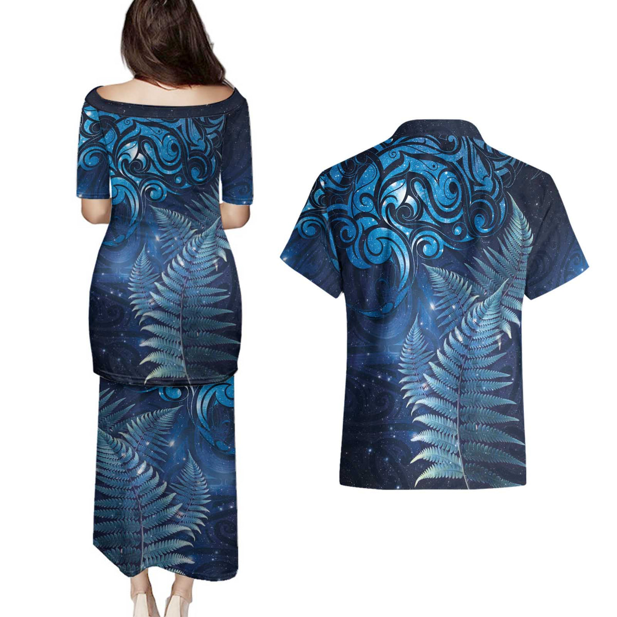 Matariki New Zealand Maori Silver Fern Couples Matching Puletasi and Hawaiian Shirt Galaxy Blue Sky Style LT03 - Polynesian Pride