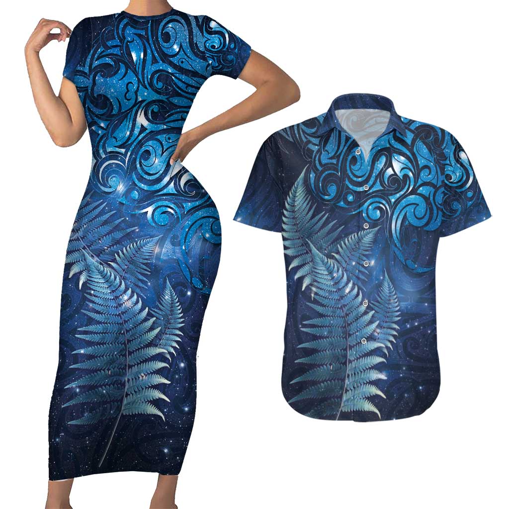 Matariki New Zealand Maori Silver Fern Couples Matching Short Sleeve Bodycon Dress and Hawaiian Shirt Galaxy Blue Sky Style LT03 Blue - Polynesian Pride