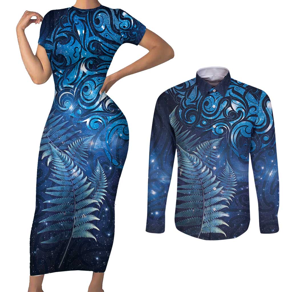 Matariki New Zealand Maori Silver Fern Couples Matching Short Sleeve Bodycon Dress and Long Sleeve Button Shirt Galaxy Blue Sky Style LT03 Blue - Polynesian Pride