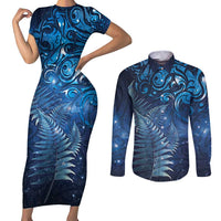 Matariki New Zealand Maori Silver Fern Couples Matching Short Sleeve Bodycon Dress and Long Sleeve Button Shirt Galaxy Blue Sky Style LT03 Blue - Polynesian Pride