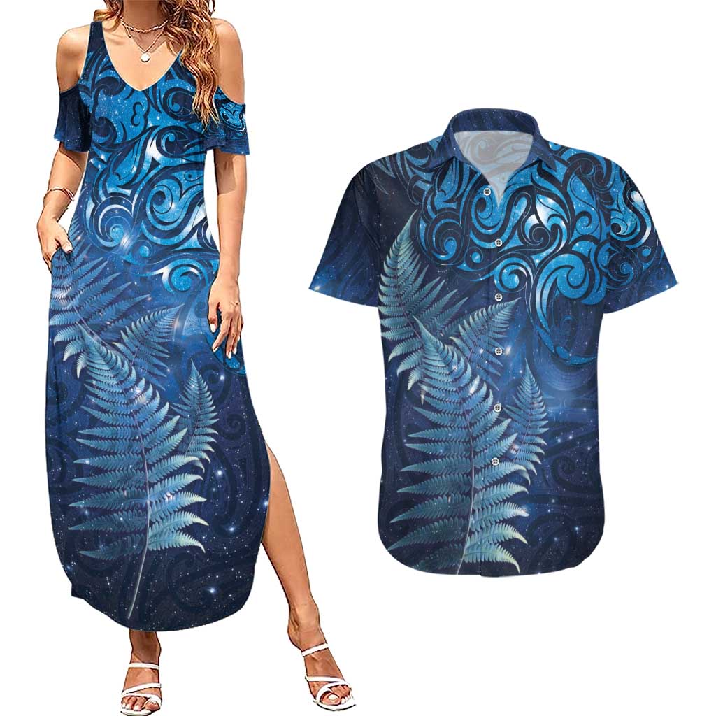 Matariki New Zealand Maori Silver Fern Couples Matching Summer Maxi Dress and Hawaiian Shirt Galaxy Blue Sky Style LT03 Blue - Polynesian Pride