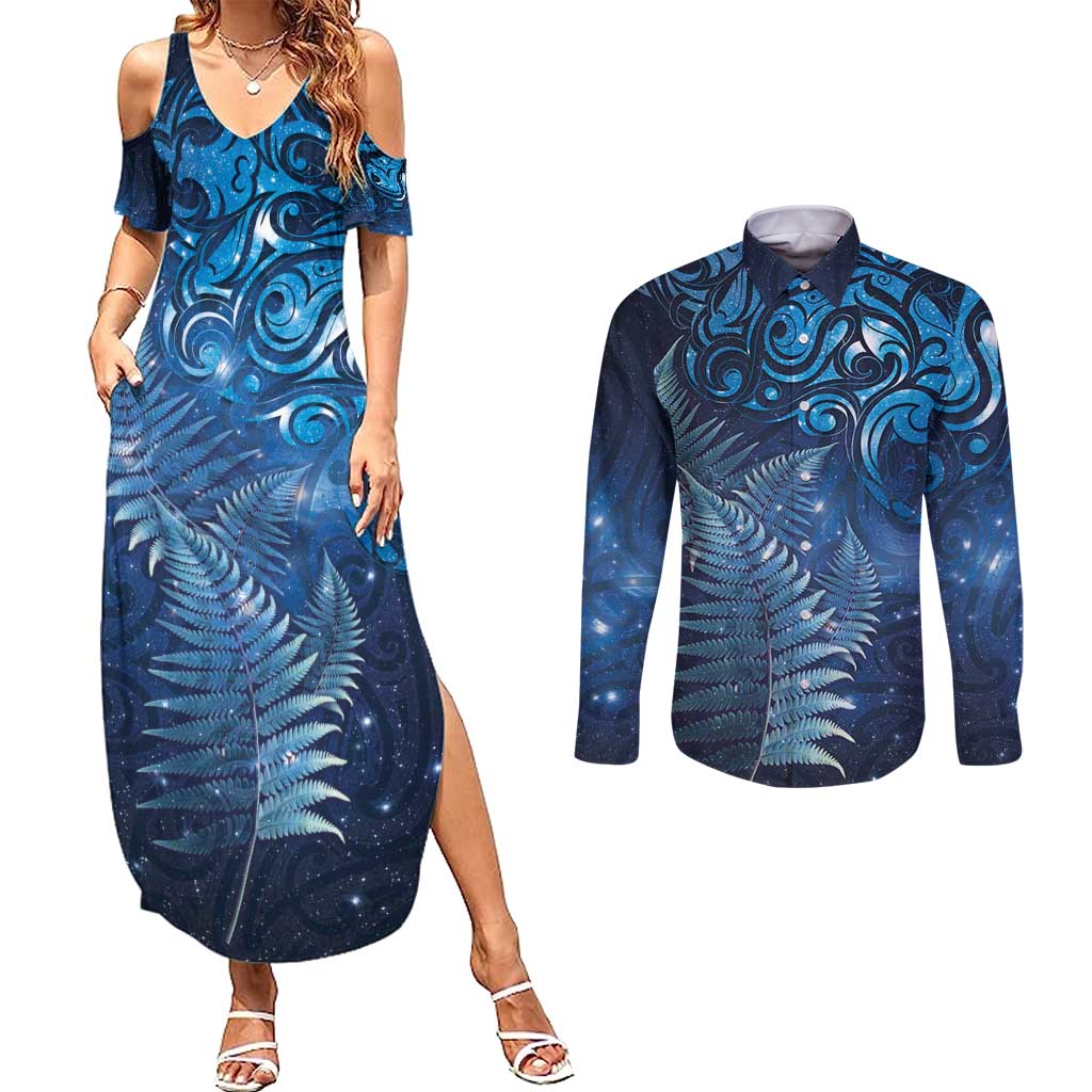 Matariki New Zealand Maori Silver Fern Couples Matching Summer Maxi Dress and Long Sleeve Button Shirt Galaxy Blue Sky Style LT03 Blue - Polynesian Pride