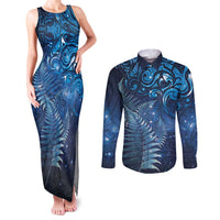 Matariki New Zealand Maori Silver Fern Couples Matching Tank Maxi Dress and Long Sleeve Button Shirt Galaxy Blue Sky Style LT03 Blue - Polynesian Pride