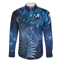 Matariki New Zealand Maori Silver Fern Family Matching Long Sleeve Bodycon Dress and Hawaiian Shirt Galaxy Blue Sky Style LT03 Dad's Shirt - Long Sleeve Blue - Polynesian Pride