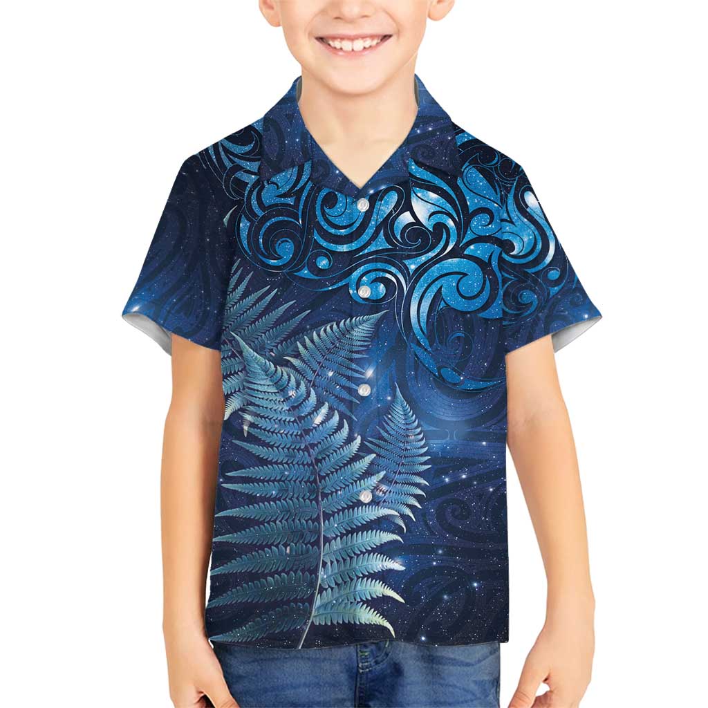 Matariki New Zealand Maori Silver Fern Family Matching Long Sleeve Bodycon Dress and Hawaiian Shirt Galaxy Blue Sky Style LT03 Son's Shirt Blue - Polynesian Pride